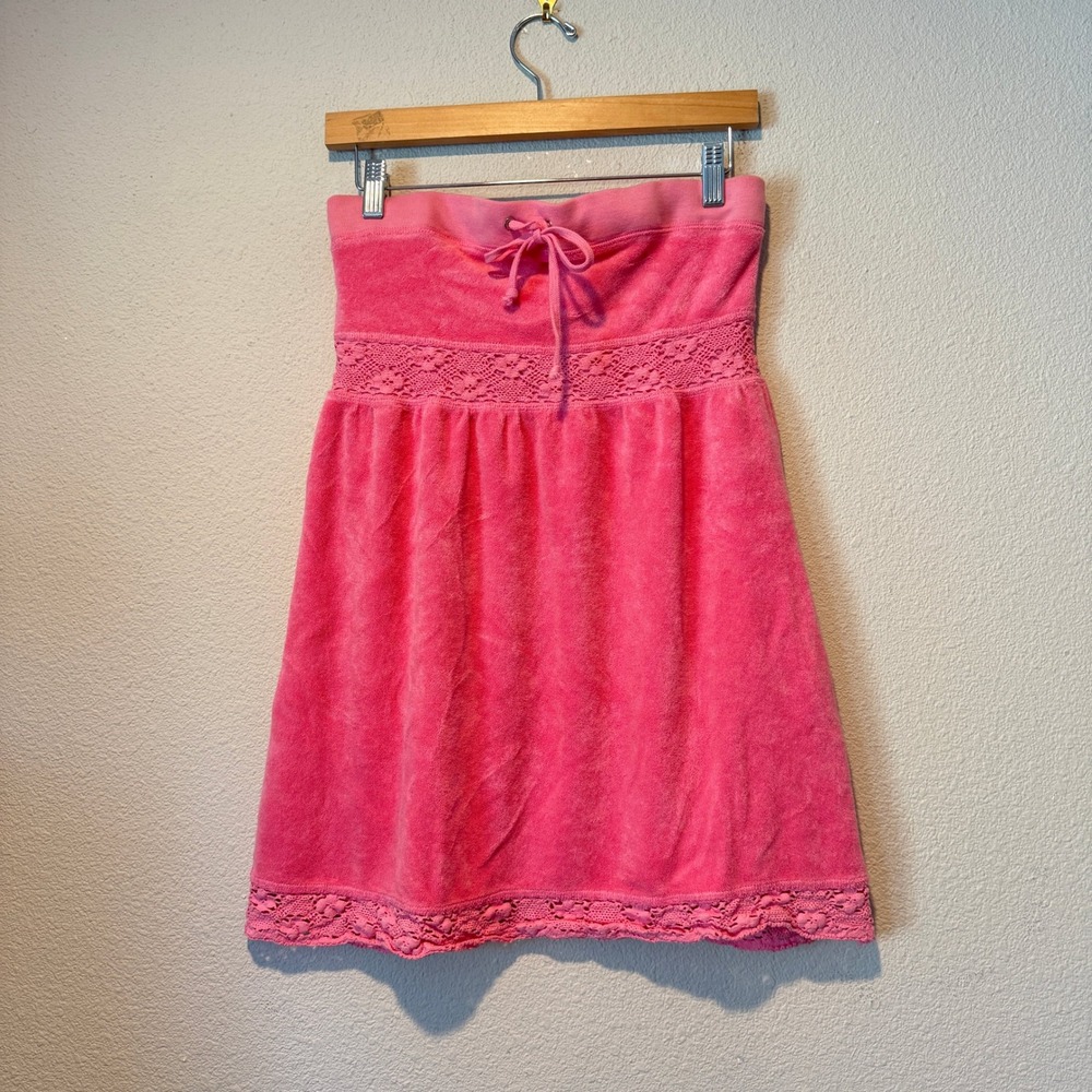 Juicy Couture Pink Terry Cloth Strapless Mini Dress Crochet Lace Trim Small